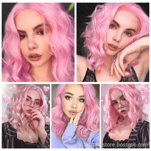 Pastel Wavy Wig Women's Short Bob Light Pink Wig Curly Wavy Shoulder Length Pastel Bob Synthetic Cosplay Wigs for Girl